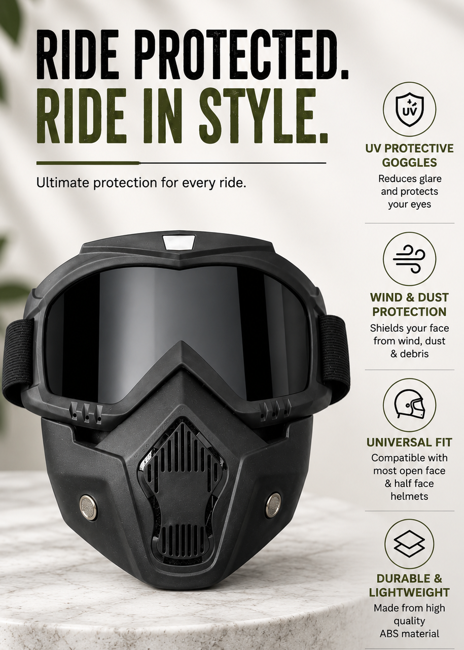 Motorcycle Helmet Face Mask with UV Protective Goggles | Bike Riding Dust & Wind Protection Accessory