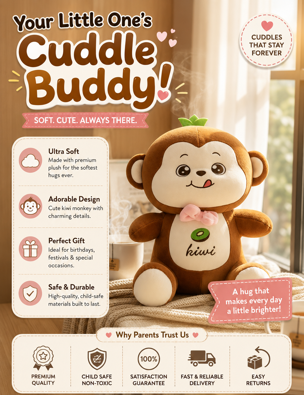 Cute Monkey Plush Toy | Soft Stuffed Monkey Doll | Huggable Plush Gift for Kids