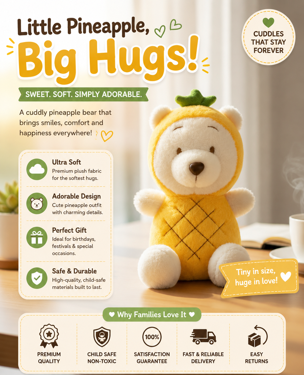 Cute Pineapple Teddy Bear Plush Toy | Soft Stuffed Bear Doll | Adorable Plush Gift for Kids