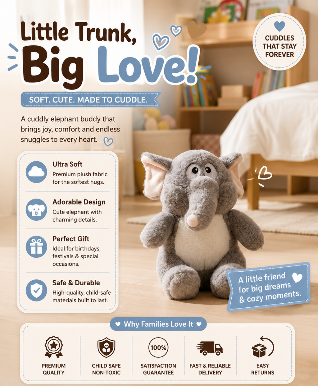 Cute Elephant Plush Toy | Soft Stuffed Elephant Doll | Huggable Plush Gift for Kids