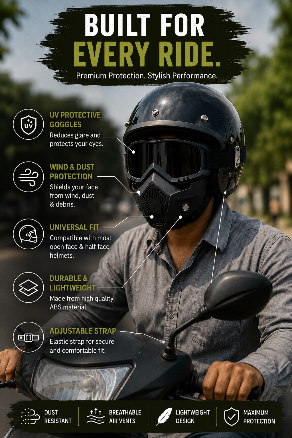 Motorcycle Helmet Face Mask with UV Protective Goggles | Bike Riding Dust & Wind Protection Accessory