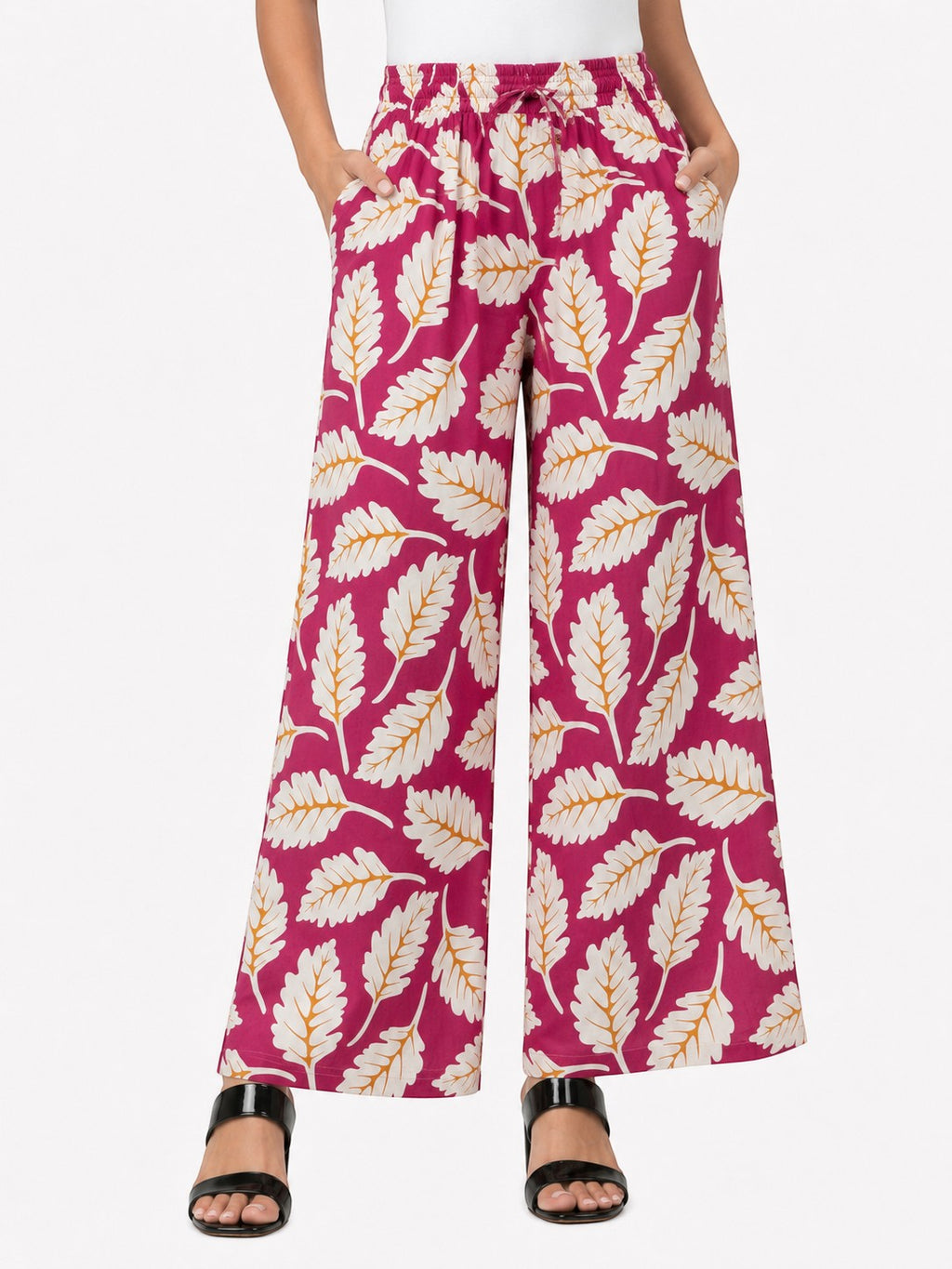 Women's Tropical Leaf Print Wide Leg Palazzo Pants | High Waist Casual Palazzo Trousers