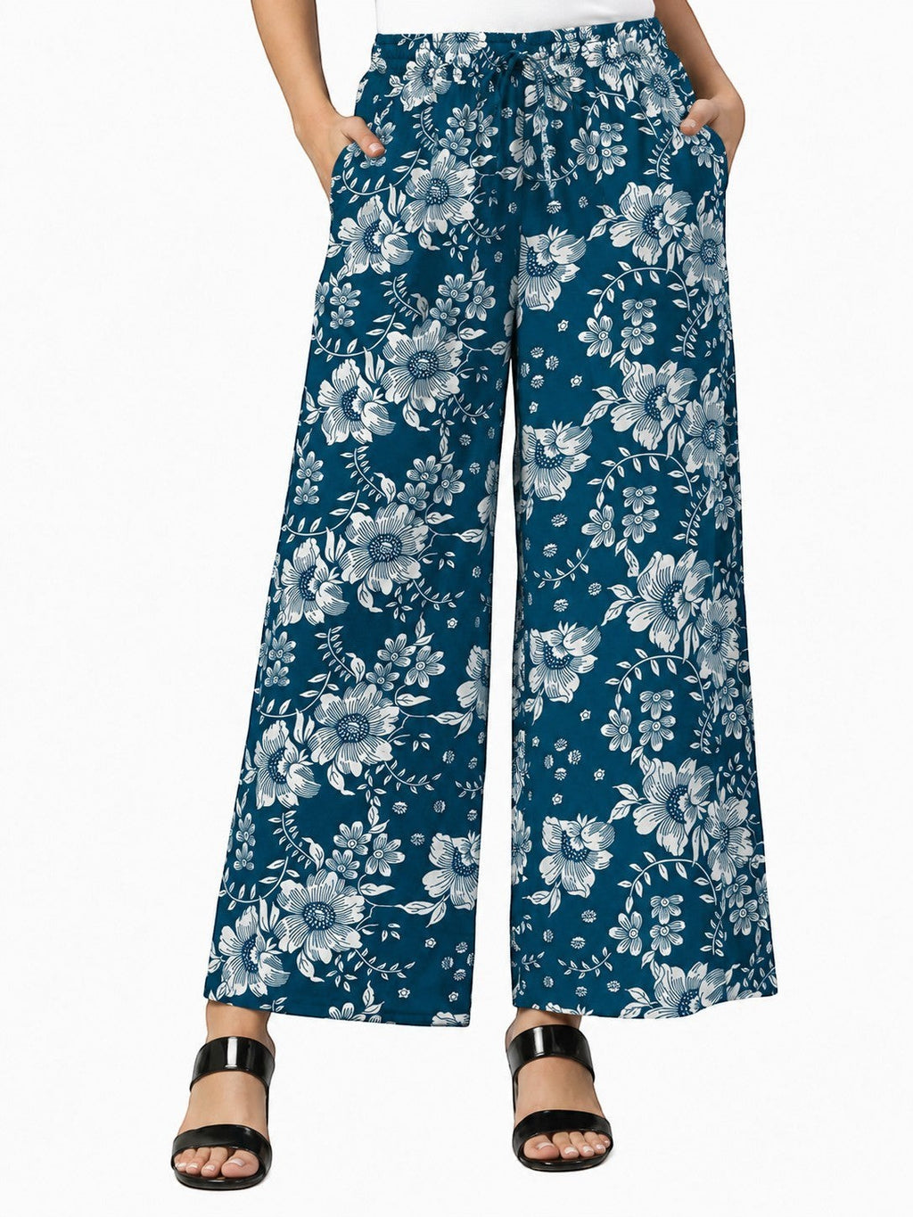 Women's Blue Floral Print Wide Leg Palazzo Pants | High Waist Casual Palazzo Trousers