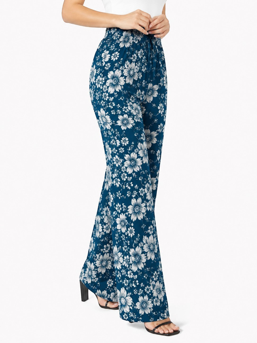Women's Blue Floral Print Wide Leg Palazzo Pants | High Waist Casual Palazzo Trousers