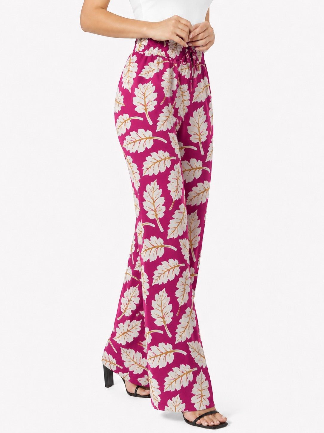Women's Tropical Leaf Print Wide Leg Palazzo Pants | High Waist Casual Palazzo Trousers