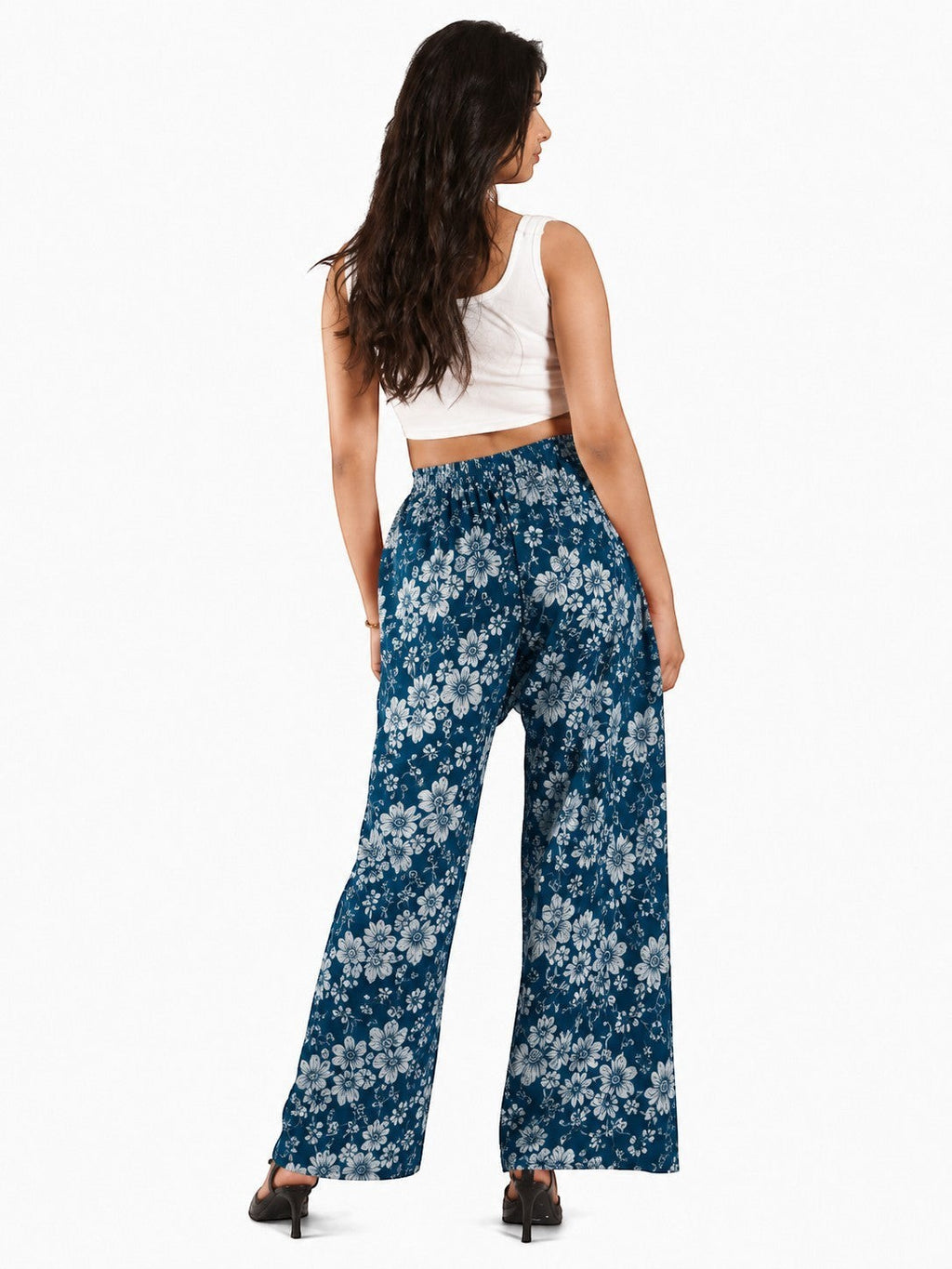 Women's Blue Floral Print Wide Leg Palazzo Pants | High Waist Casual Palazzo Trousers
