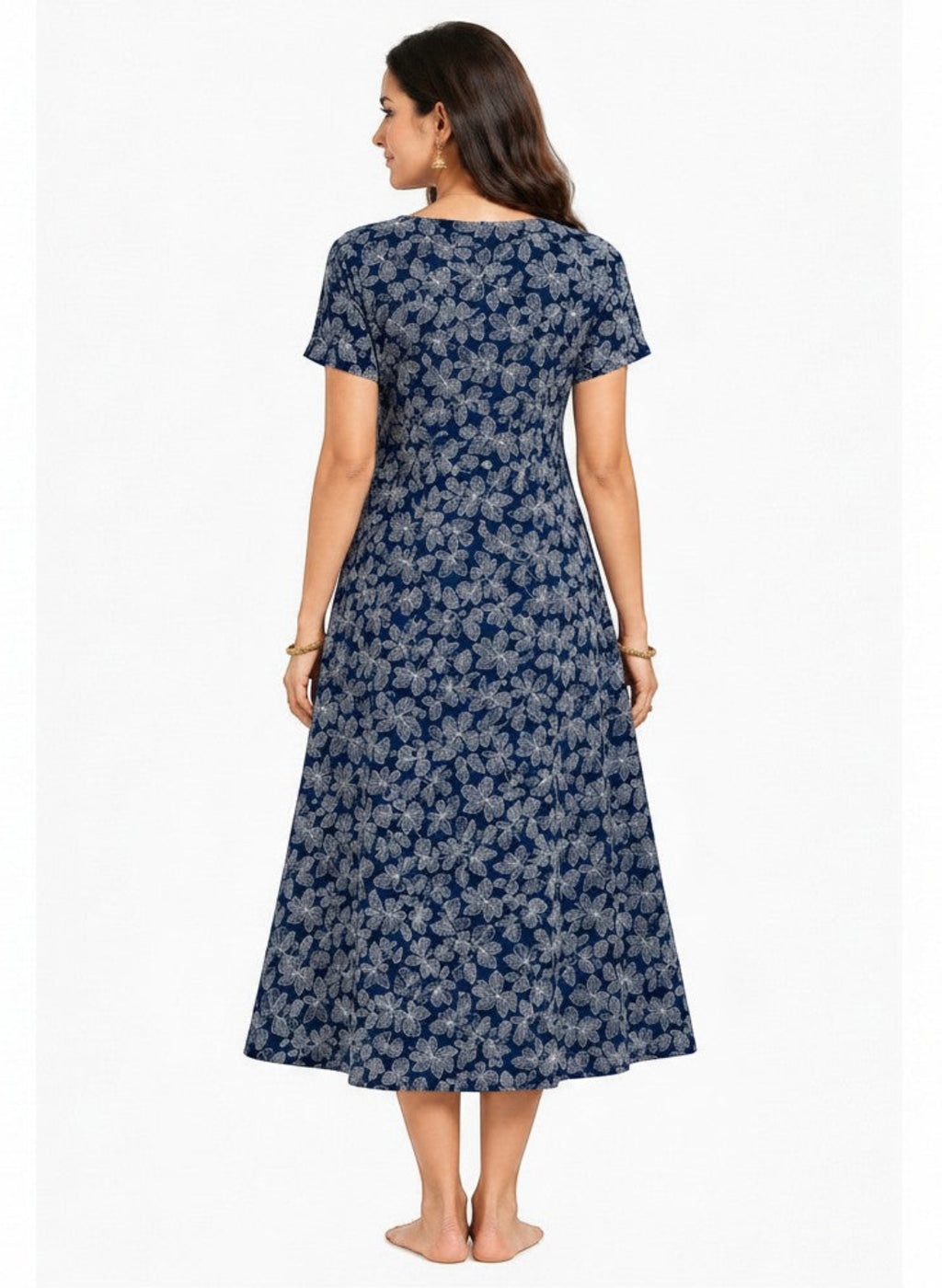 Model wearing ATHLEX SHOP navy blue midi loungewear dress with white leaf print, short sleeves, and flowy fit.