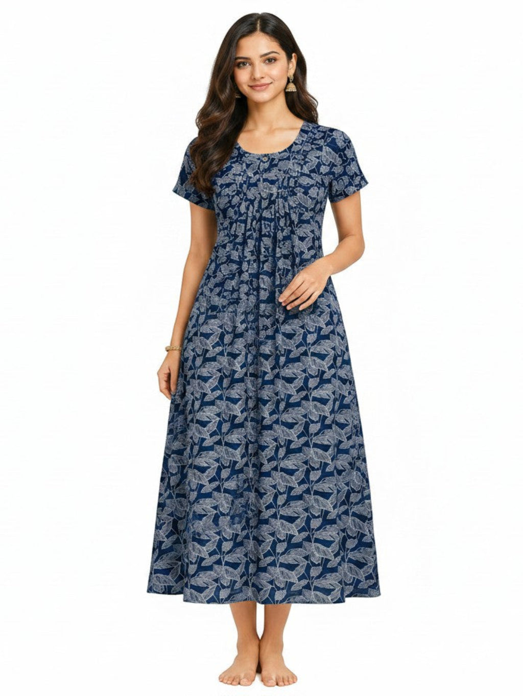 Model wearing ATHLEX SHOP navy blue midi loungewear dress with white leaf print, scoop neck, and pleated bodice.