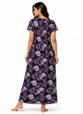 ATHLEX SHOP Velvet Night Grace full-length nighty with short sleeves and a purple floral print on a dark background.