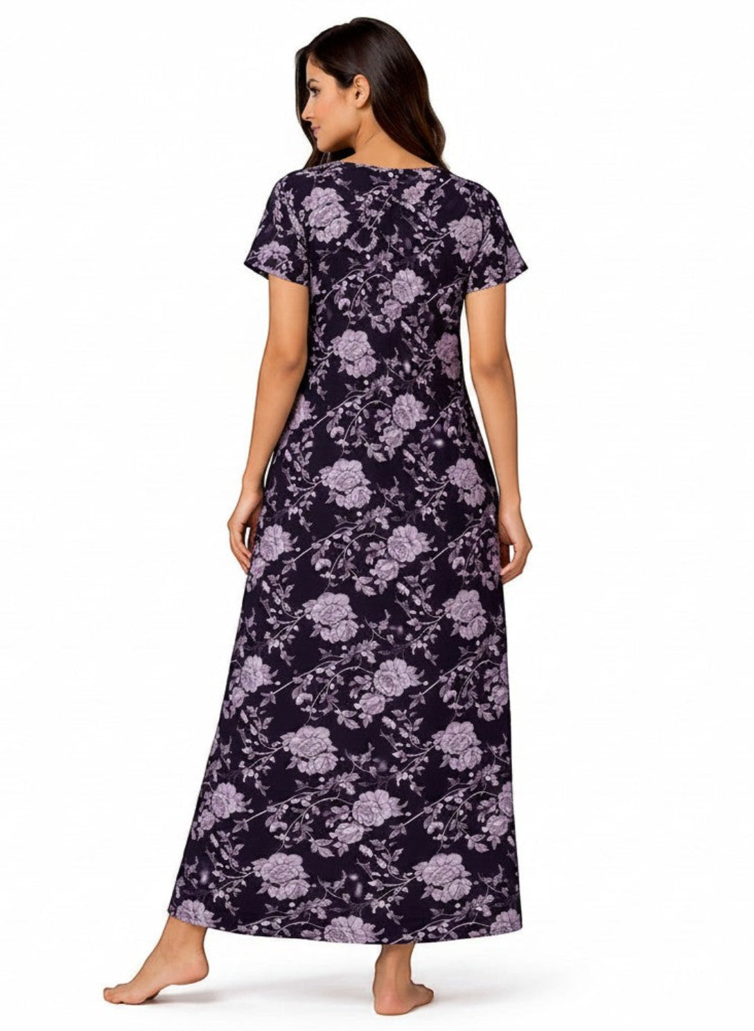 ATHLEX SHOP Velvet Night Grace full-length nighty with short sleeves and a purple floral print on a dark background.