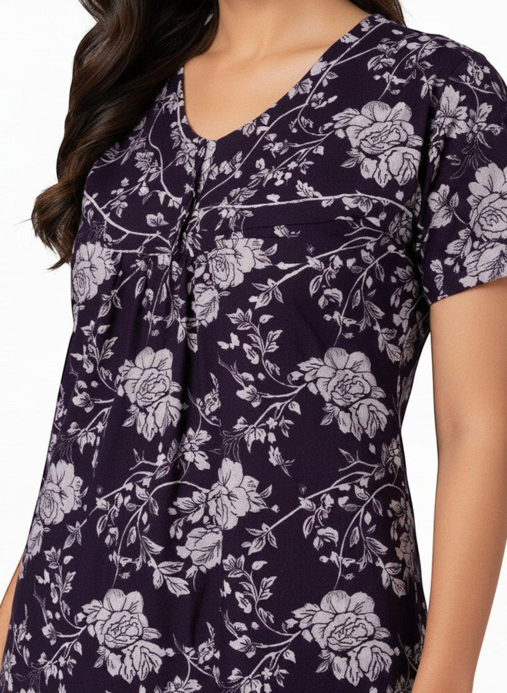 ATHLEX SHOP Velvet Night Grace floral printed nighty with short sleeves and a comfortable V-neckline in dark purple.