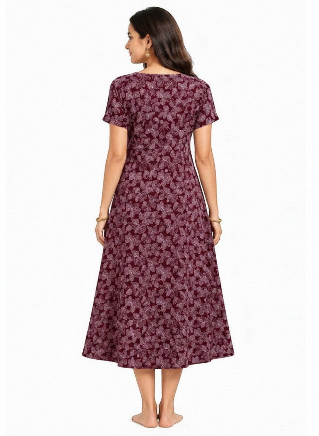 Woman wearing an ATHLEX SHOP wine leaf print full-length nightdress with short sleeves in a soft, relaxed fit.