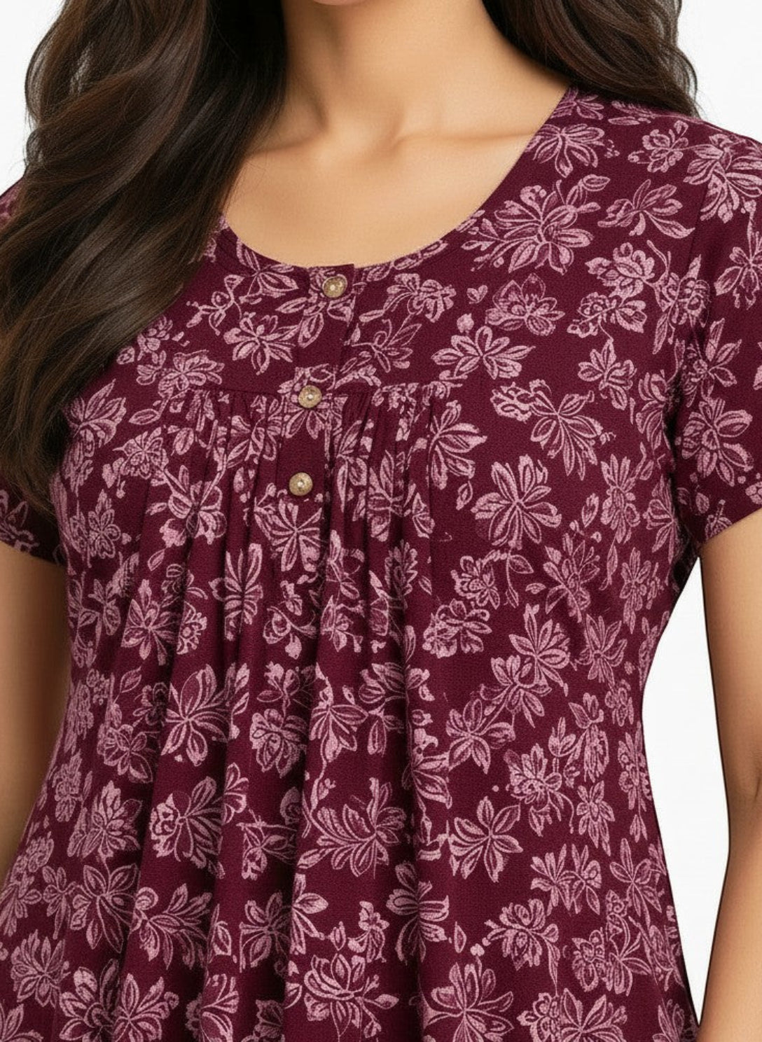 ATHLEX SHOP wine-colored nightdress with a leaf print, short sleeves, and a button-down pleated neckline.