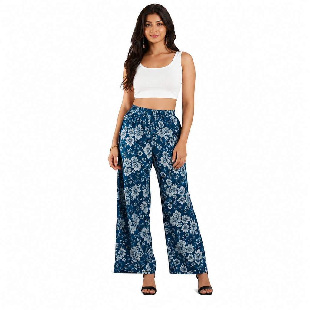 Women's Blue Floral Print Wide Leg Palazzo Pants | High Waist Casual Palazzo Trousers