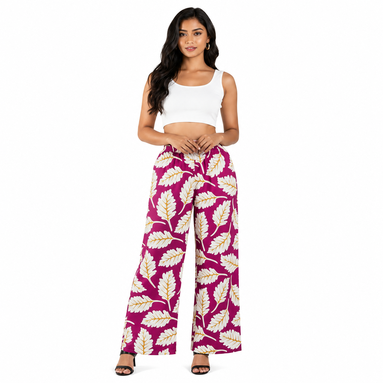 Women's Tropical Leaf Print Wide Leg Palazzo Pants | High Waist Casual Palazzo Trousers