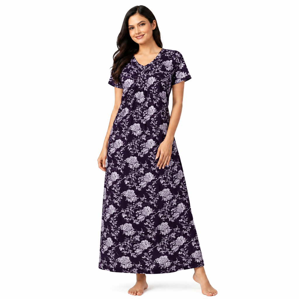 Women's Floral Print Cotton Nighty | Soft Short Sleeve Maxi Night Gown