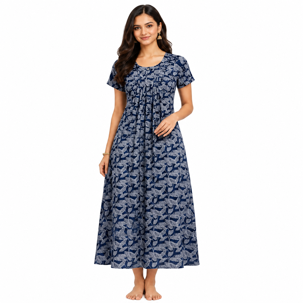 Women's Blue Leaf Print Cotton Nighty | Soft Short Sleeve Maxi Night Gown