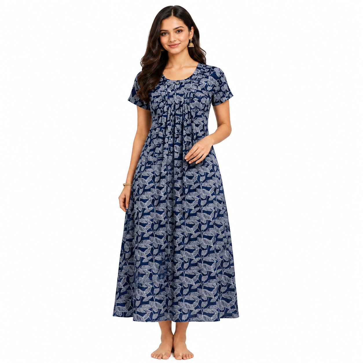 Women's Blue Leaf Print Cotton Nighty | Soft Short Sleeve Maxi Night Gown