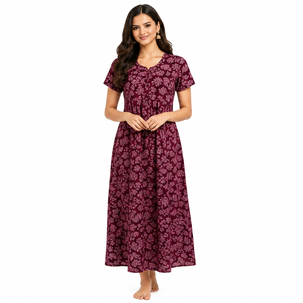 Women's Floral Print Cotton Nighty | Soft Short Sleeve Maxi Night Gown