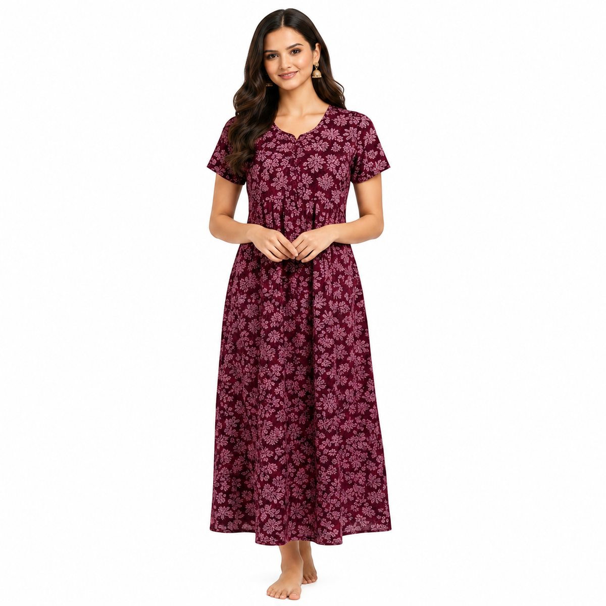 Women's Floral Print Cotton Nighty | Soft Short Sleeve Maxi Night Gown